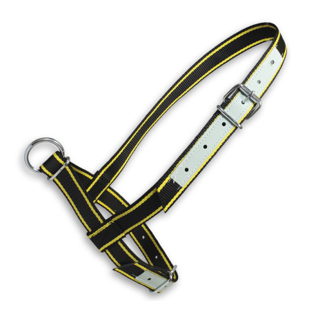 Ohlávka pro krávy a mladé býčky,vel. M nastavitelná, kožená výztuž, s D-kroužkem, černá - žlutá